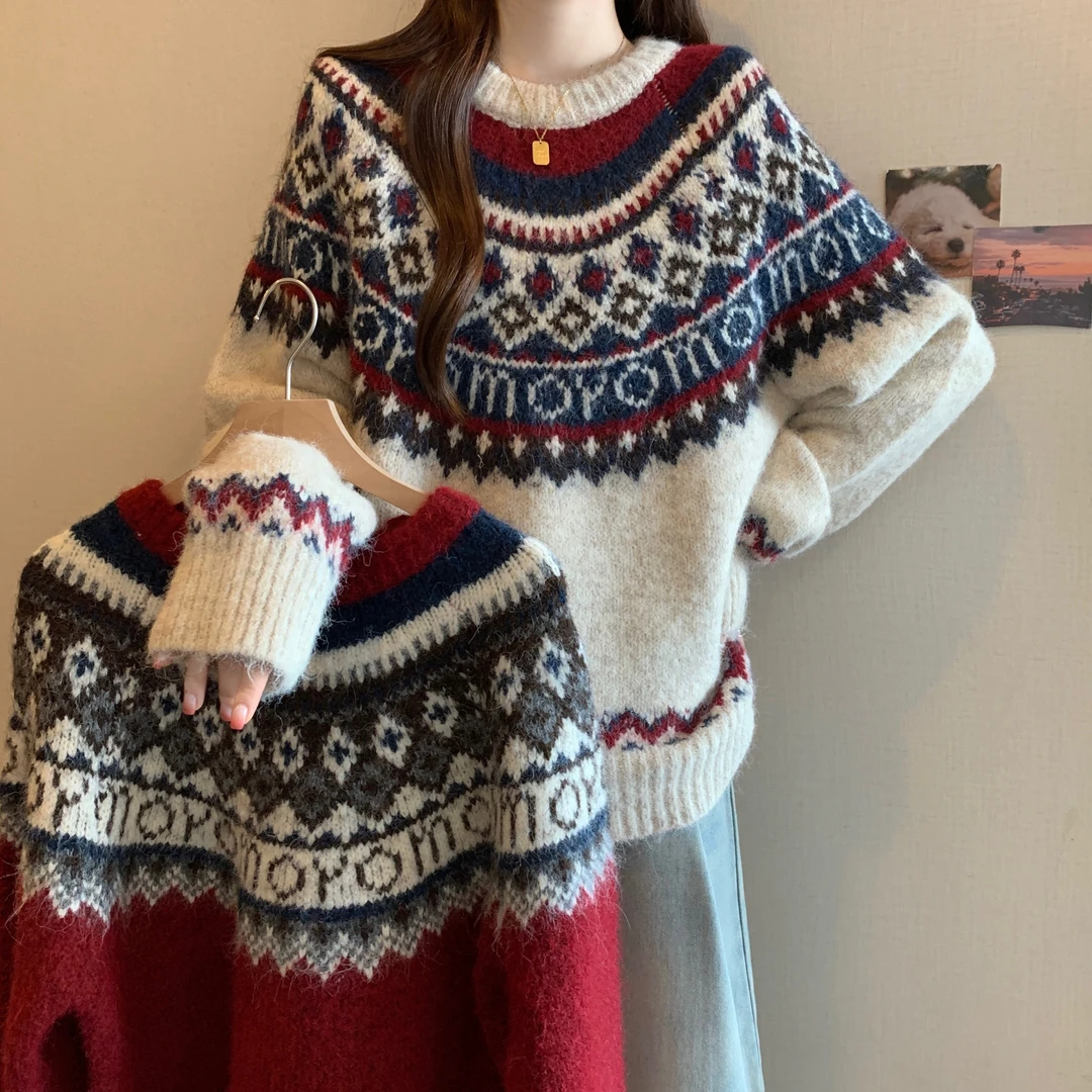 费尔岛圣诞加厚重工毛衣女冬大码新款复古减龄撞色提花针织衫6283