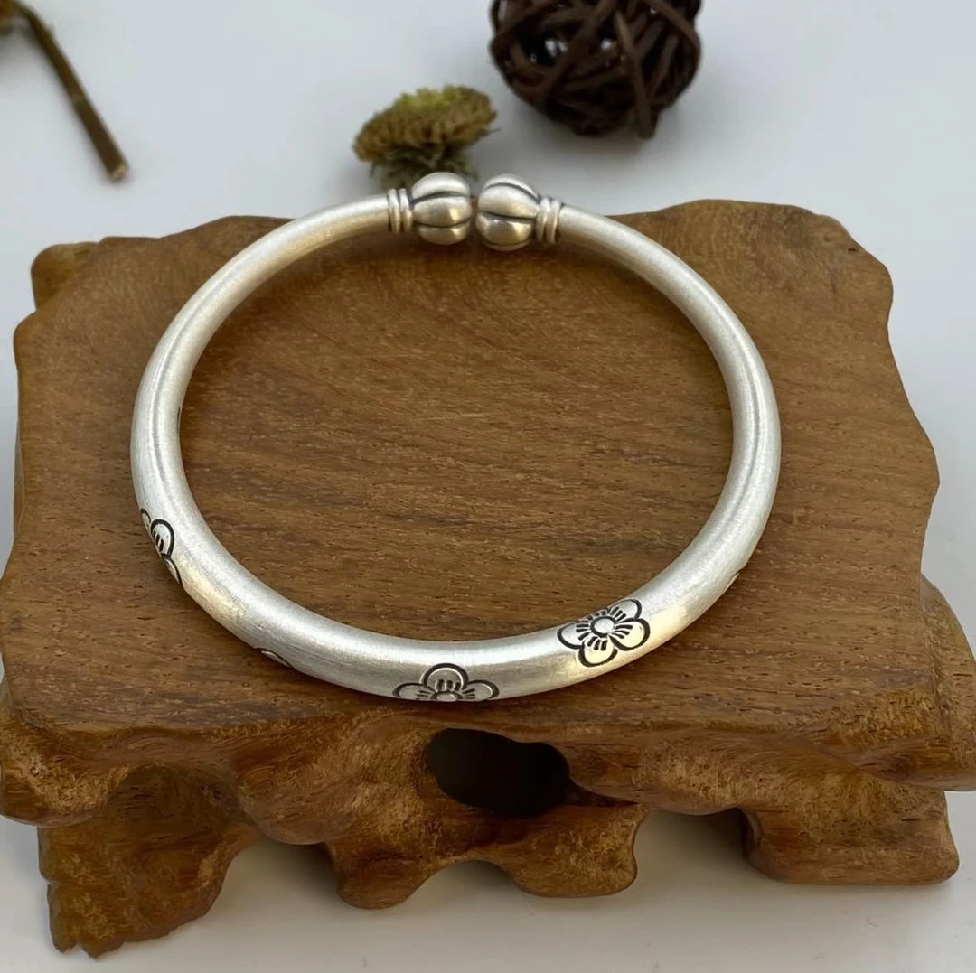 足银手镯 足银999.9 福泽绵延做旧南瓜镯 开口足银手镯民族风