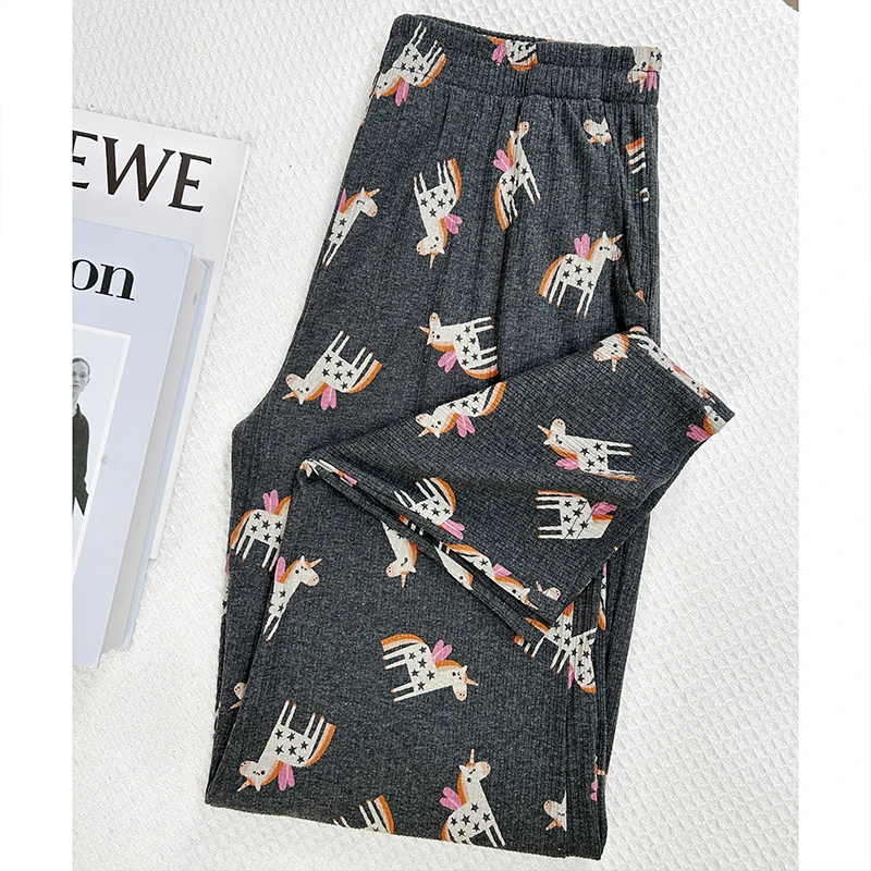 【独角兽】坑条纯棉居家休闲裤外穿有口袋亲肤女中年印花睡裤春秋