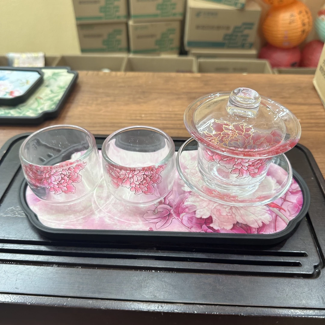 牡丹水晶盖碗加两杯+茶盘ZH3055