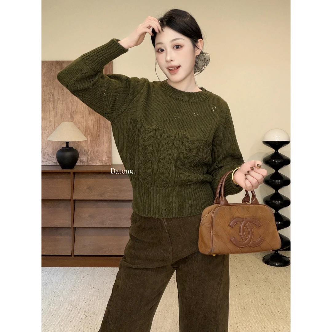 【Datong】秋冬韩版高级感百搭麻花纯色圆领毛衣女