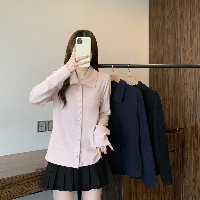 2025冬装新款胖mm大码女韩系甜美翻领甜美显瘦长袖针织上衣A2907