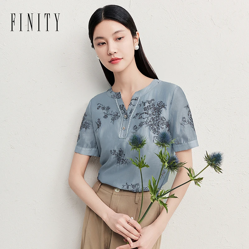 FINITY菲妮迪新款蕾丝衫气质洋气时尚休闲百搭夏季复古印花宽松版
