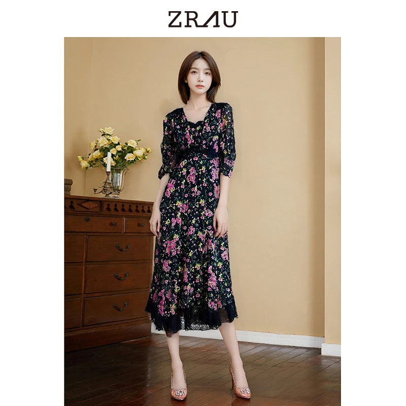 【达人专属】ZRAU复古浪漫印花显瘦气质连衣裙91130321033