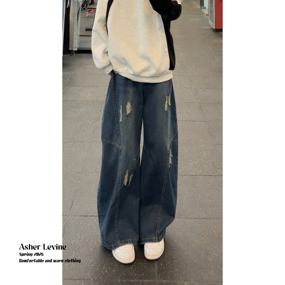 美式复古弯刀牛仔裤男士春夏季新款宽松阔腿破洞设计感休闲长裤子