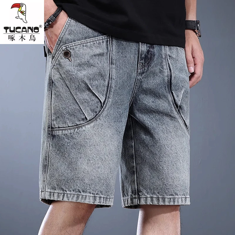 潮牌重磅牛仔五分裤男美式复古水洗中裤2025新款夏季休闲工装短裤