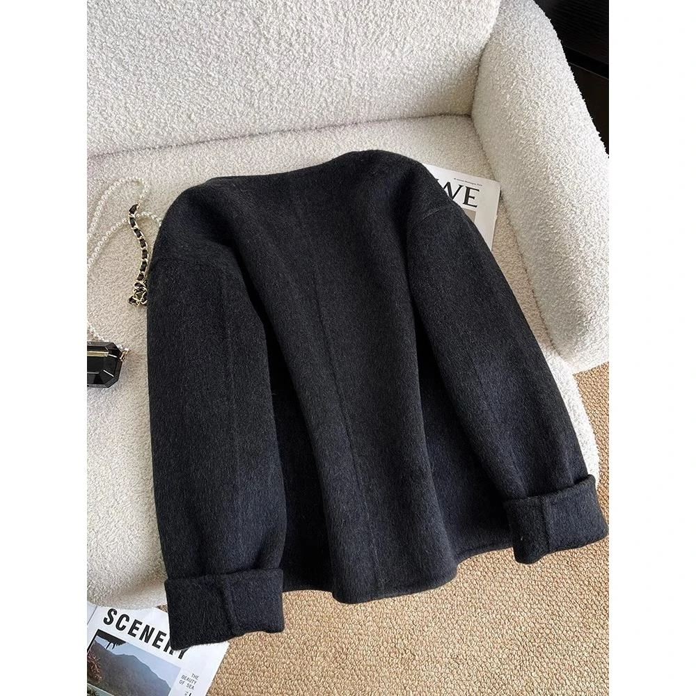 GPTSu韩系外套秋冬气质单排扣呢子上衣小香风高级感黑色双面毛呢