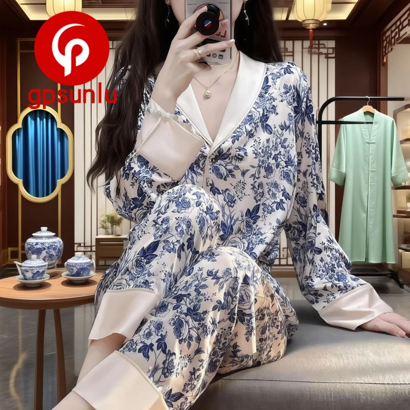 gpsunlu「青花韵」高端新中式国风春秋冰丝睡衣女款新款家居服套装