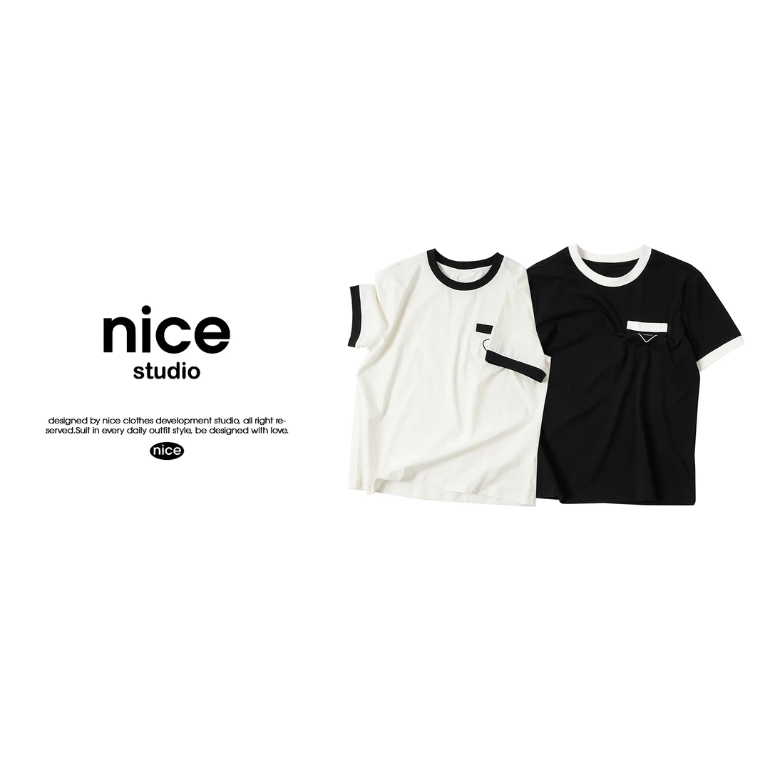 奈斯专属【爱心口袋撞色短袖】夏季时尚休闲宽松短袖TXAL55127