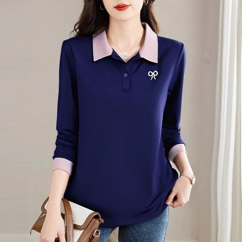 中长款t恤女长袖秋装新款大码撞色翻领小衫宽松遮肉显瘦女士上衣