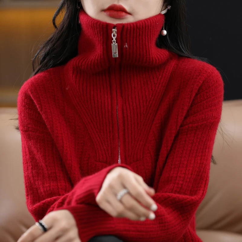 【工厂直发】女士拉链半开领羊毛衫100%羊毛舒适柔软