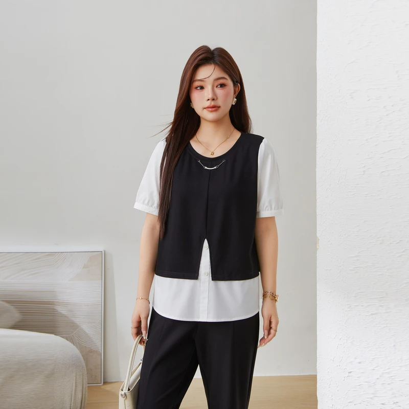 采多宝大码女装圆领假两件拼接显瘦T恤 EXA5176