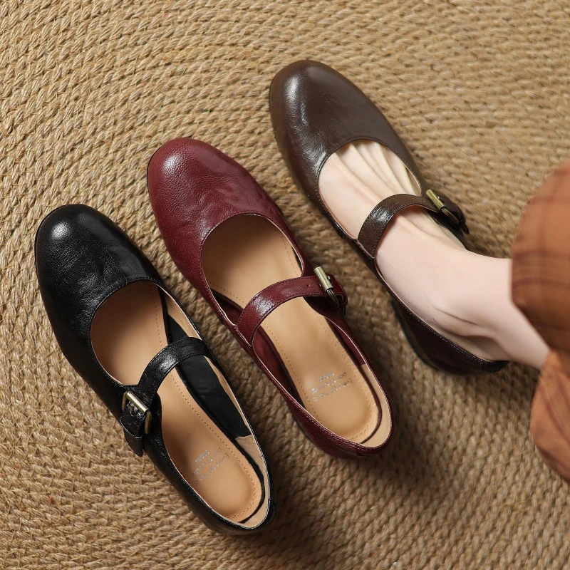 低跟皮带扣粗跟平跟圆头浅口单鞋夏季皮鞋春秋平底玛丽珍