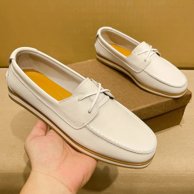 SCAVIOLA男款春秋季真皮白色豆豆鞋英伦风内增高可系带潮流乐福鞋