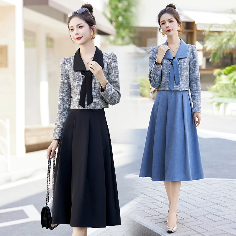2025年春装新款衣领两种穿法简约长袖穿着透气舒适两件套套裙
