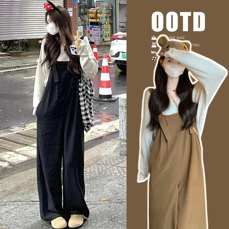 超火大码孕妇装春夏洋气韩系百搭宽松打底衫高个子休闲阔腿背带裤