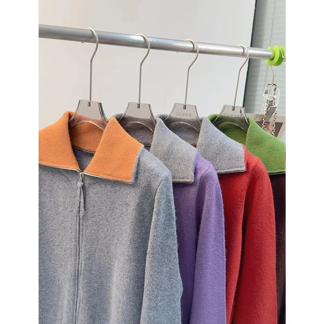 【线下同款】~高定版！翻领拼色拉链开衫毛衣女外套针织衫B1666