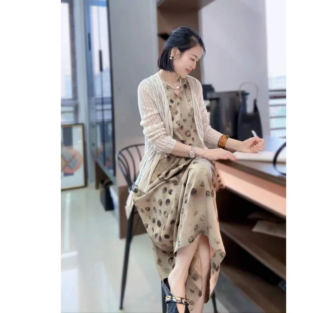 安然家 夏季薄款高品设计师款人丝印花套头无袖时尚连衣裙 3515