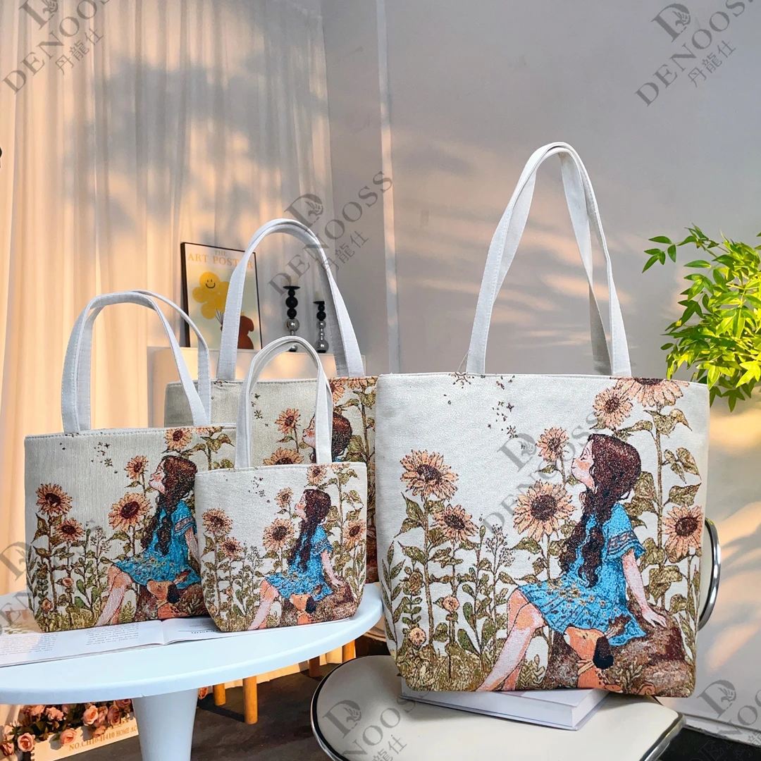 时尚双面金丝刺绣帆布手提单肩包女学生书包补习袋上班通勤妈咪