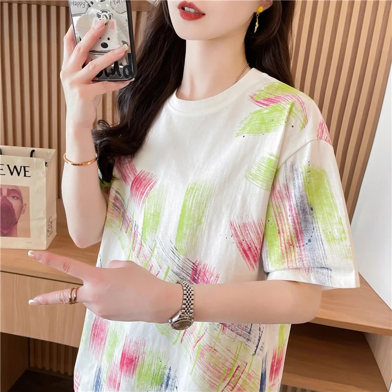扎染涂鸦短袖t恤女2025新款夏季韩版宽松设计感小众百搭半袖上衣
