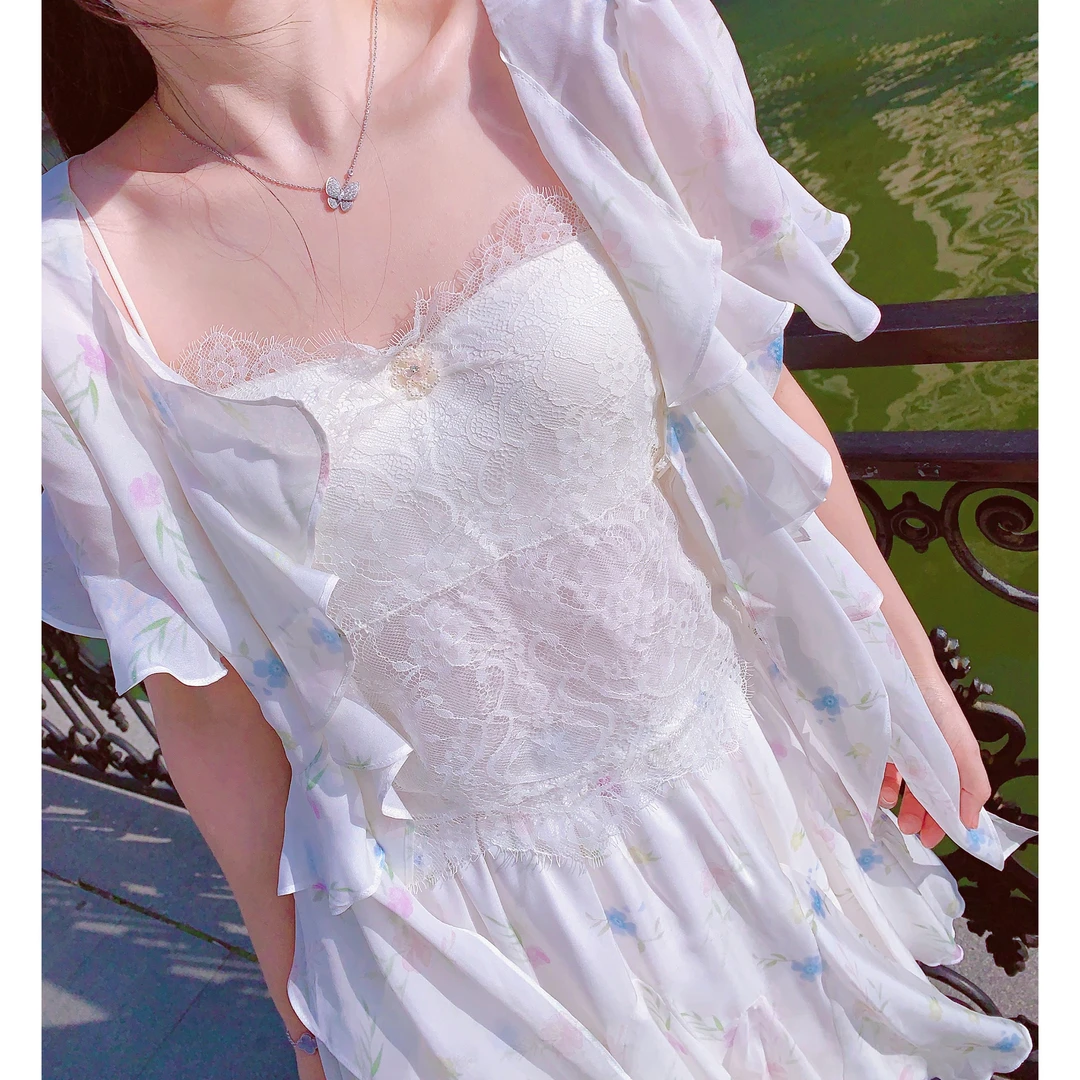 MissLuxury【软萌配方】夏季真丝拼蕾丝含胸垫一体式吊带内衣外穿