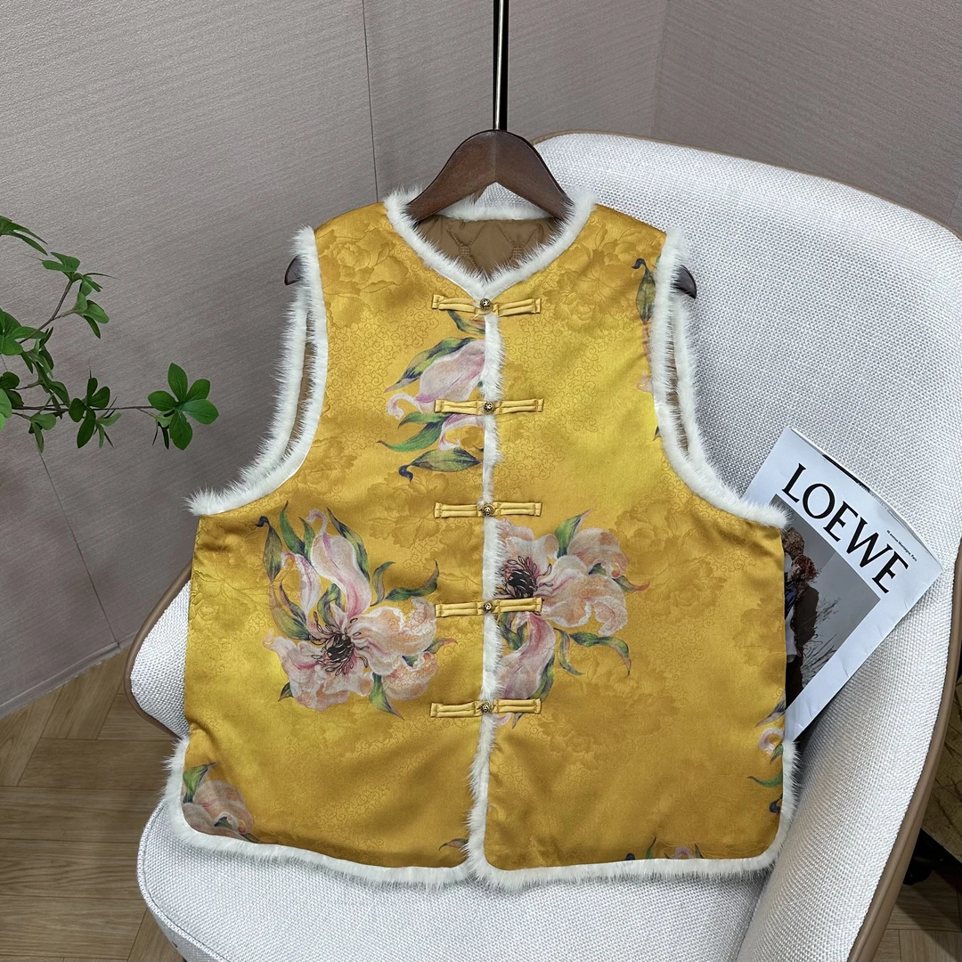 【大鱼海棠马甲】冬季新中式毛领马甲立领提花中国风保暖上衣女款