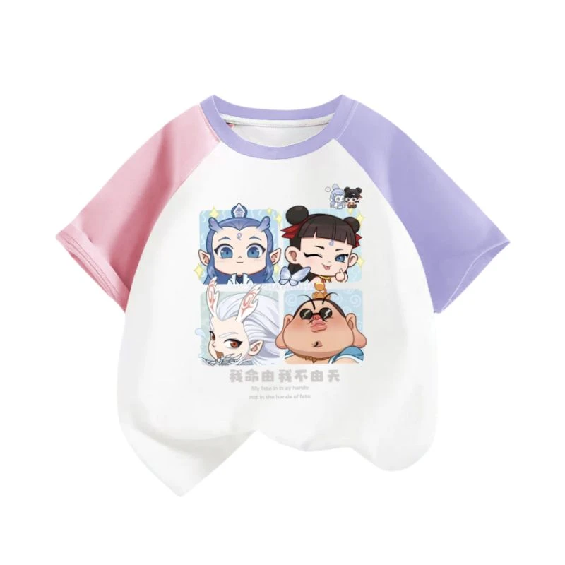 哪吒敖丙纯棉卡通印花短袖男女童夏季新款撞色儿童服装插肩袖T恤