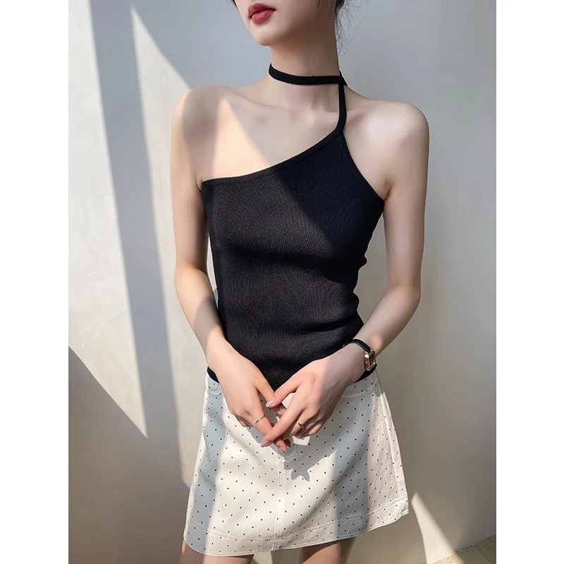 黑色挂脖吊带背心女内搭夏季美背抹胸黑色无袖斜肩打底上衣可外穿