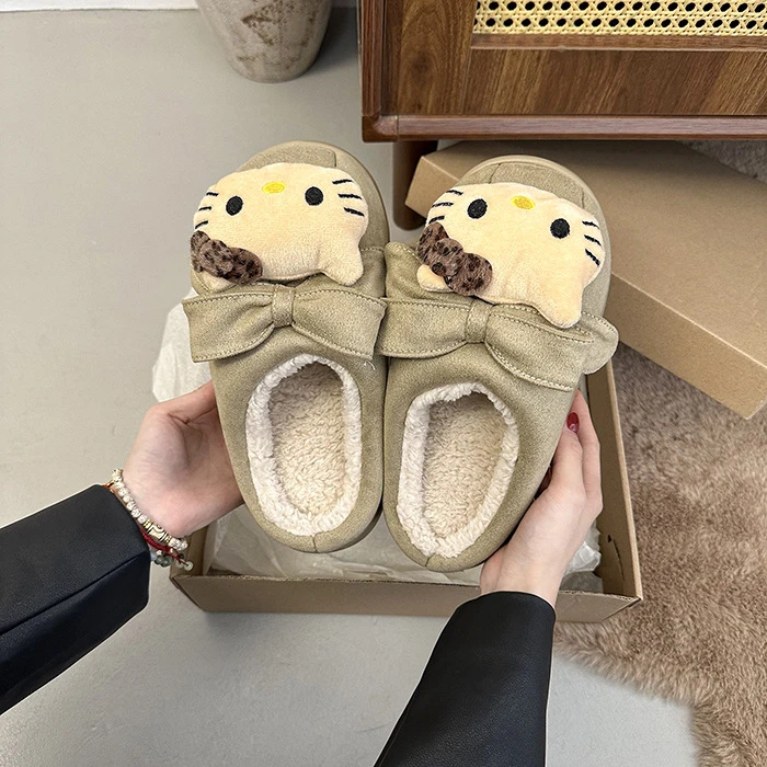 时尚卡通小猫毛毛拖鞋女外穿平底舒适保暖包头拖鞋2025年冬季新款