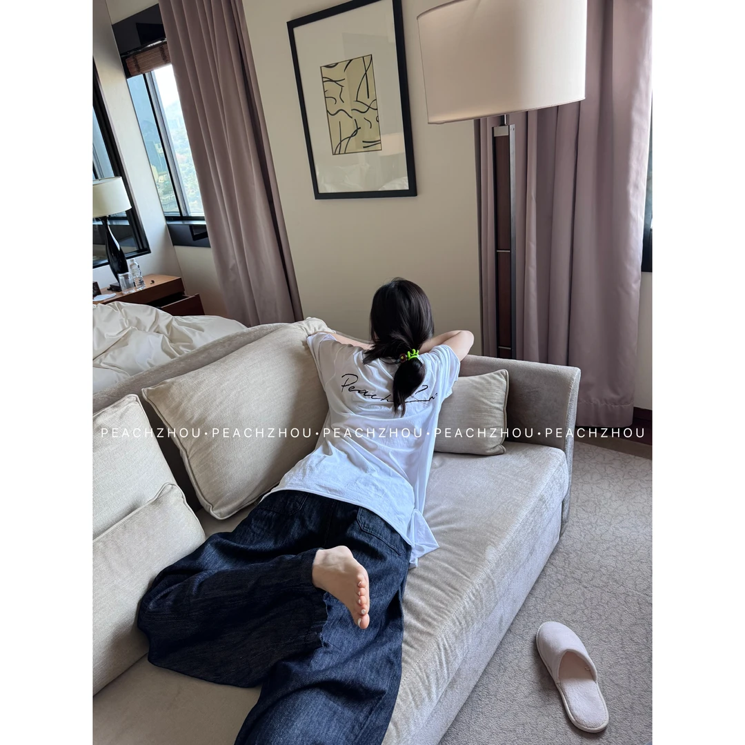 『PEACHZHOU』新疆棉徽标印花卷边宽松圆领阔版短袖休闲慵懒中性T恤