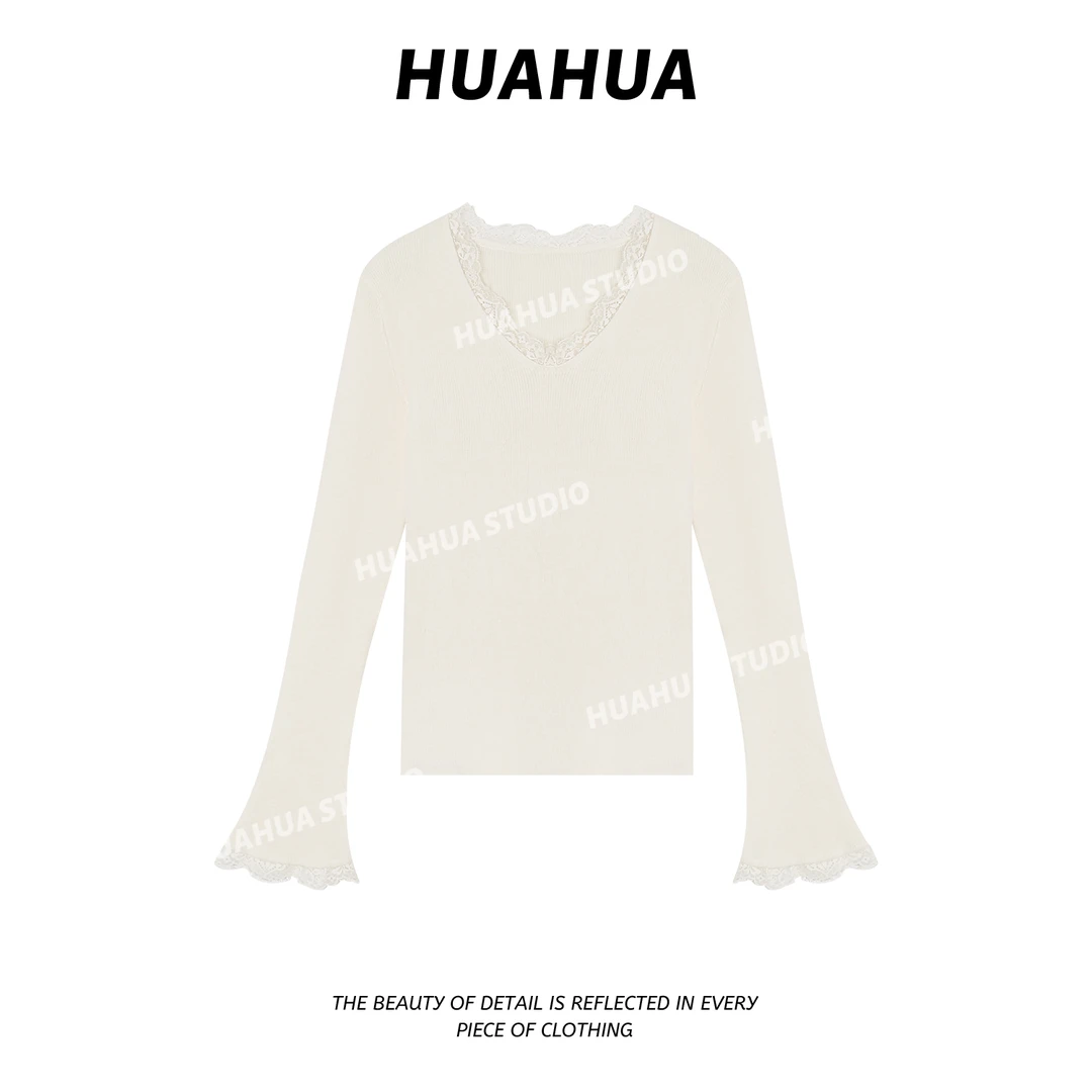 【花花】出圈蕾丝~米白色绵羊毛显瘦百搭精致感蕾丝V领拼接毛衫