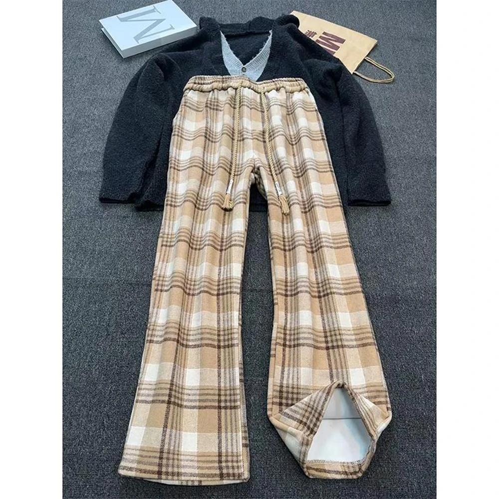 美式复古毛呢格子卫裤男款秋冬加绒加厚慵懒风裤子宽松阔腿休闲裤