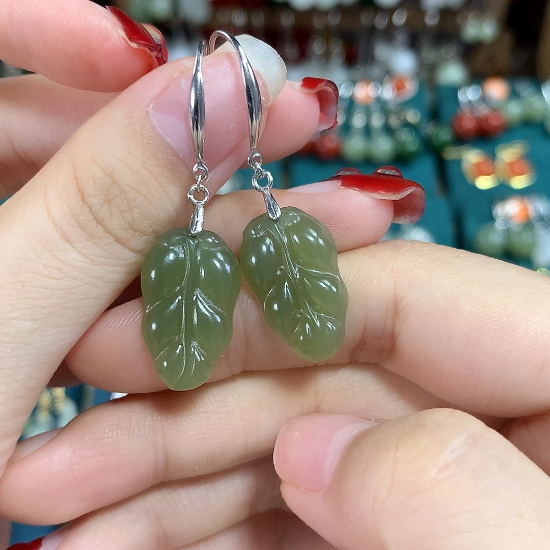 和田玉银S925镶嵌耳饰金枝玉叶