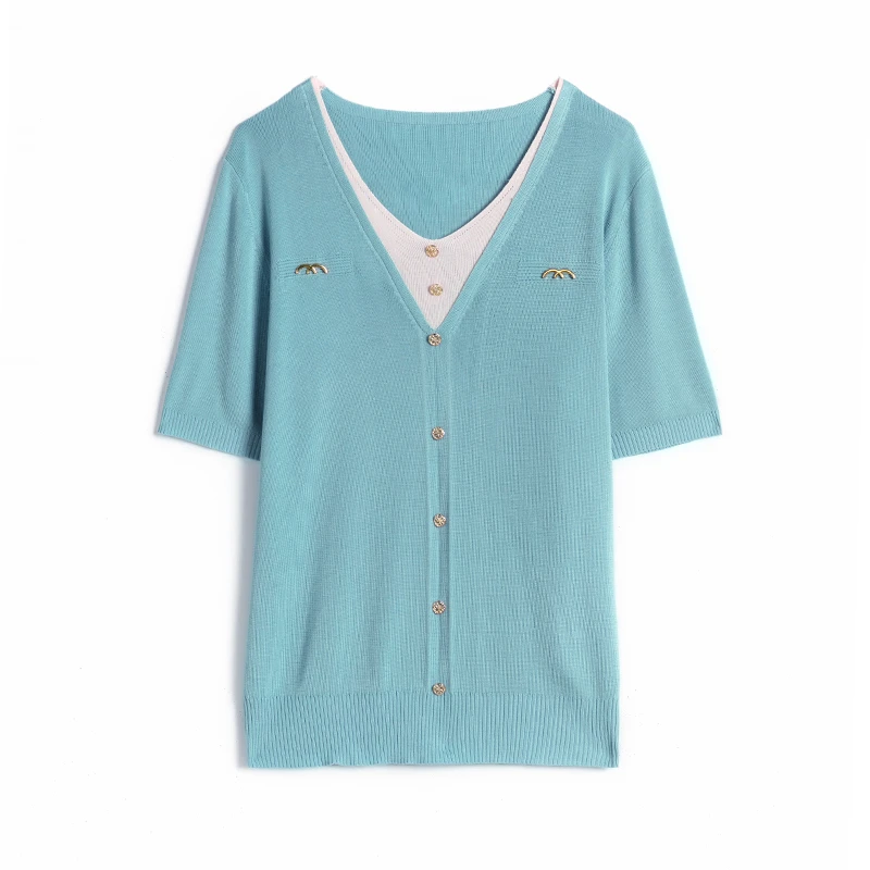 莱赛尔天丝短袖T恤女假两件V领针织衫凉感显瘦气质透气防晒上衣
