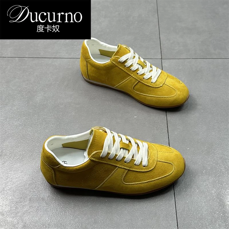 DUCURNO 内增高复古舒适德训鞋女2025春季款平底百搭休闲运动女鞋