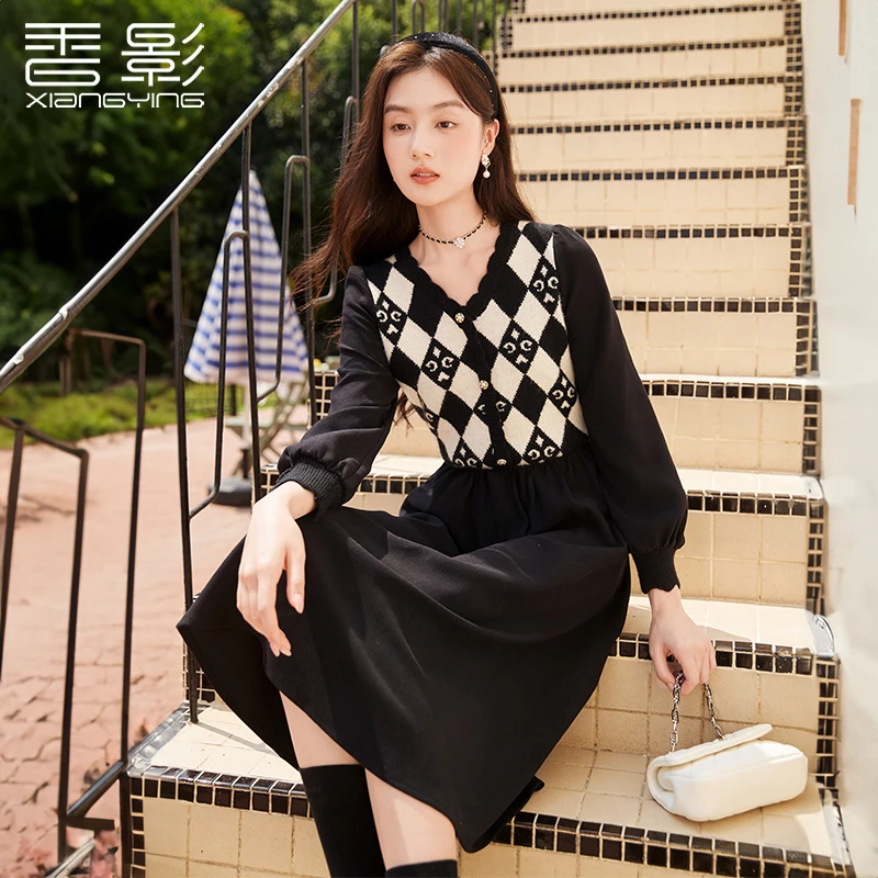 【直播专享】N834097连衣裙 香影黑色v领连衣裙女2024新款法式针织