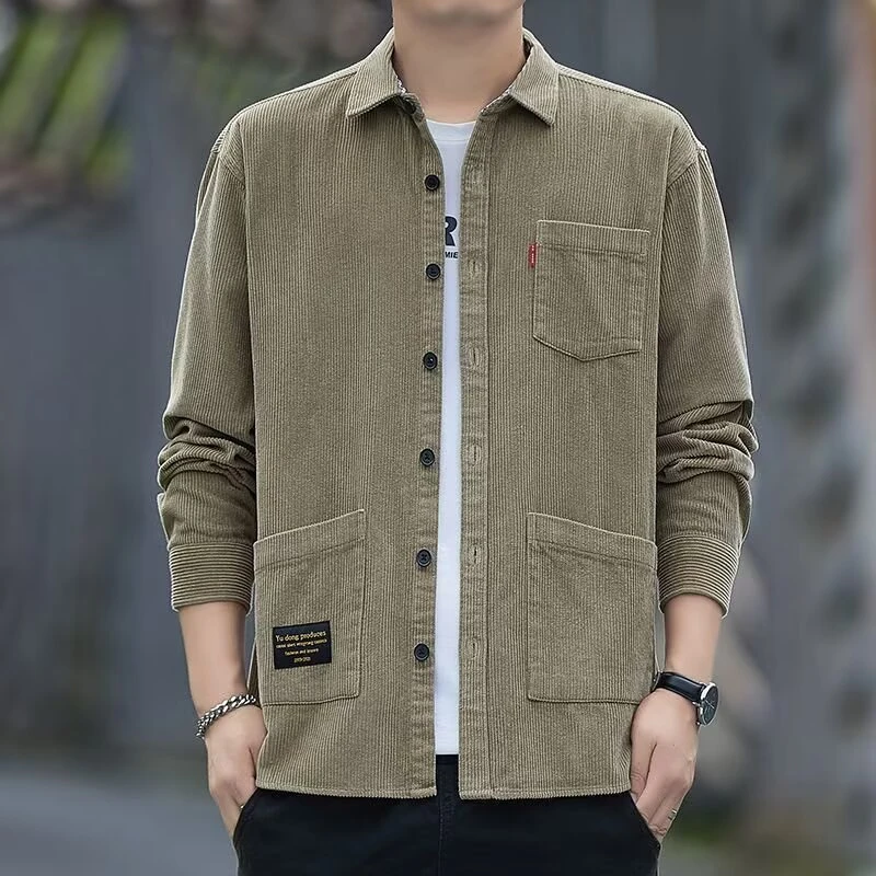 新款灯芯绒男士外套口袋衬衫韩版帅气潮流百搭宽松长袖衬衣男装
