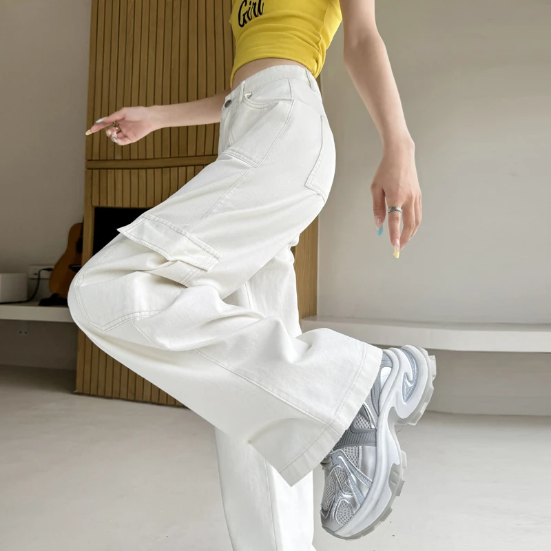 2025夏装清凉简悦美式米白工装高腰宽松阔腿裤牛仔裤女白色百搭拖