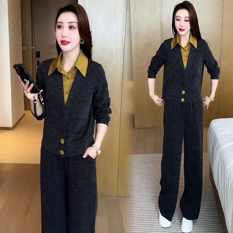 套装女2025春季新款洋气质显瘦拼接休闲假两件上衣阔腿裤两件套潮