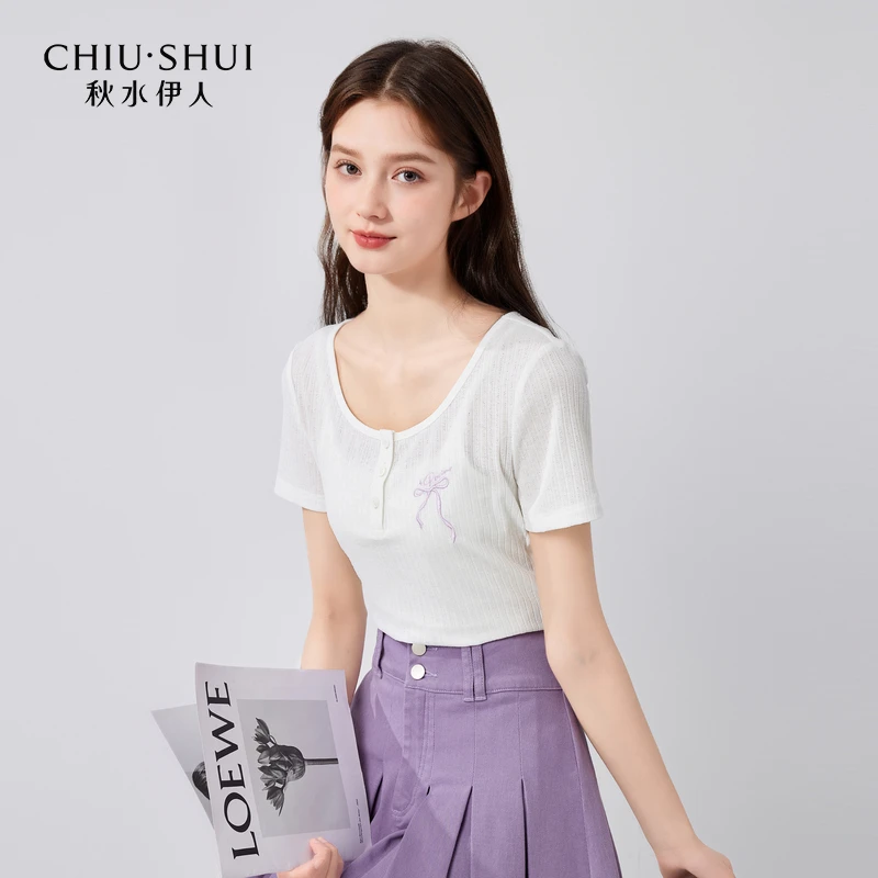 【品牌折扣】秋水伊人气质显瘦圆领短袖T恤夏甜美薄624221M200742