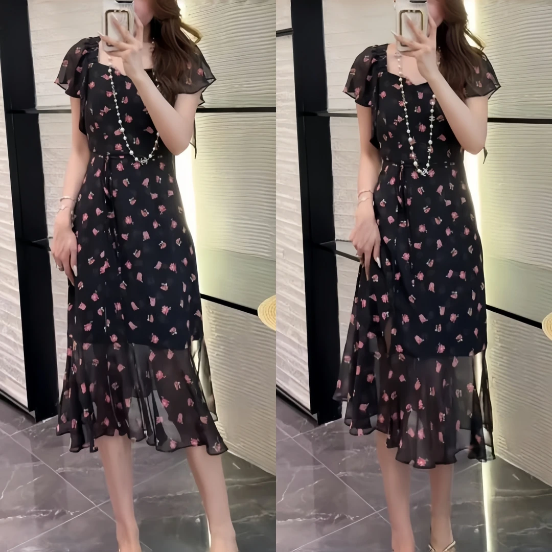 时尚法式碎花休闲中长裙2025夏季新款设计感气质显瘦中长款连衣裙