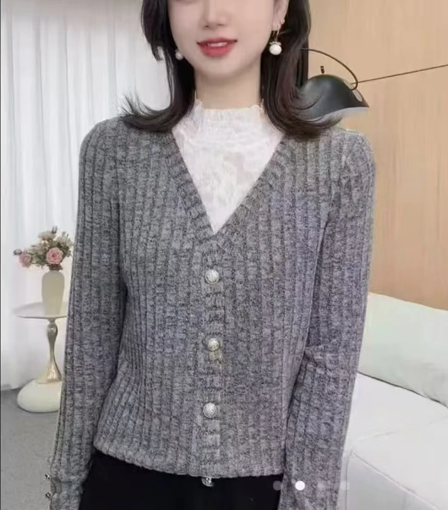 假两件蕾丝花边衬衣针织弹力打底衫彩色中青年时尚女士衬衫