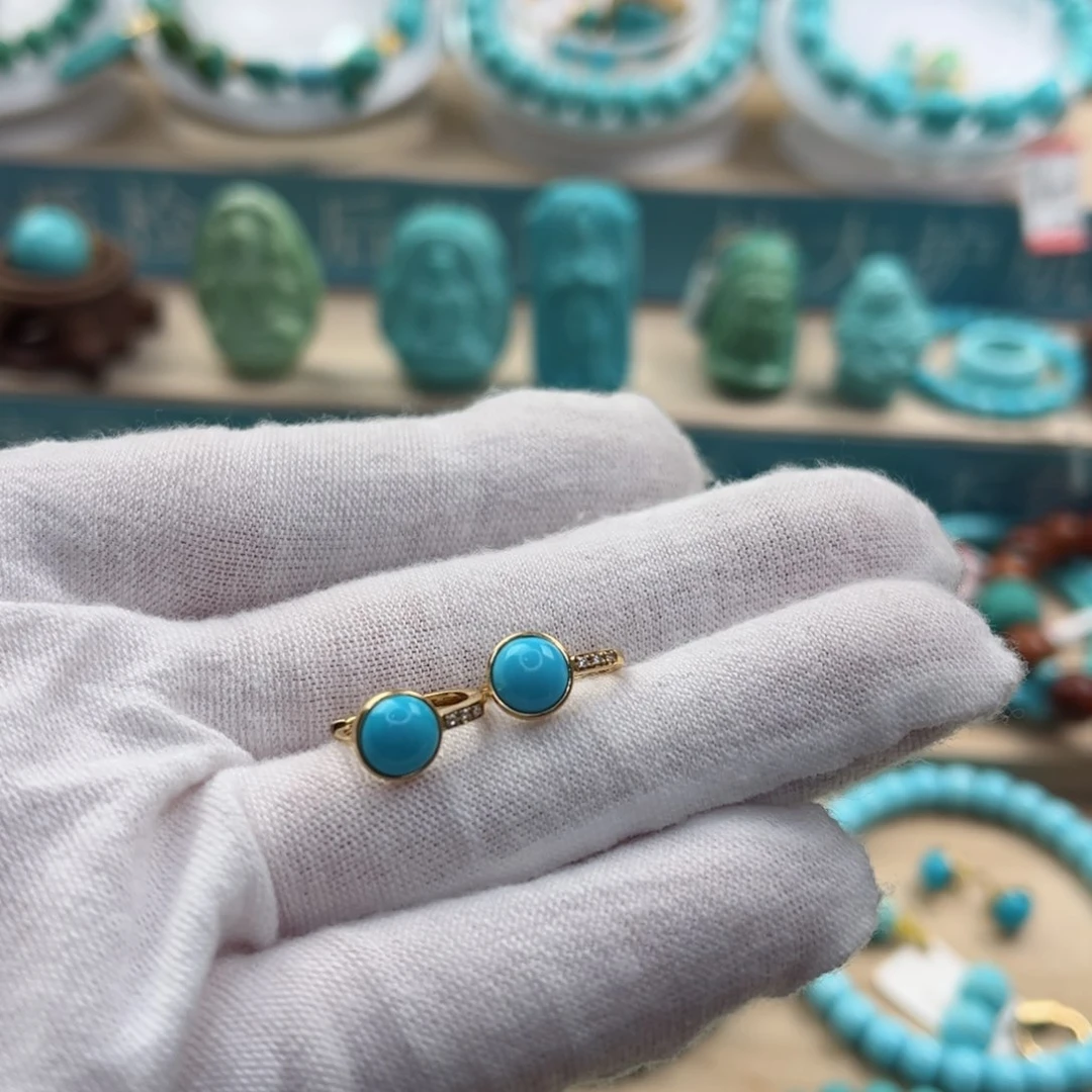 绿松石耳钉18K金镶嵌