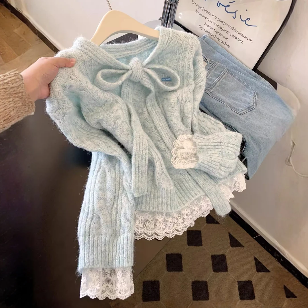 仙气蕾丝拼接假两件蝴蝶结毛衣女秋冬季新款高级感设计针织衫上衣