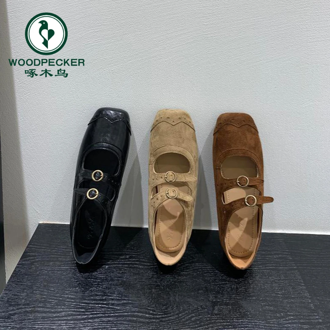 啄木鸟复古棕色方头玛丽珍鞋芭蕾舞鞋女2025新款韩版法式浅口单鞋