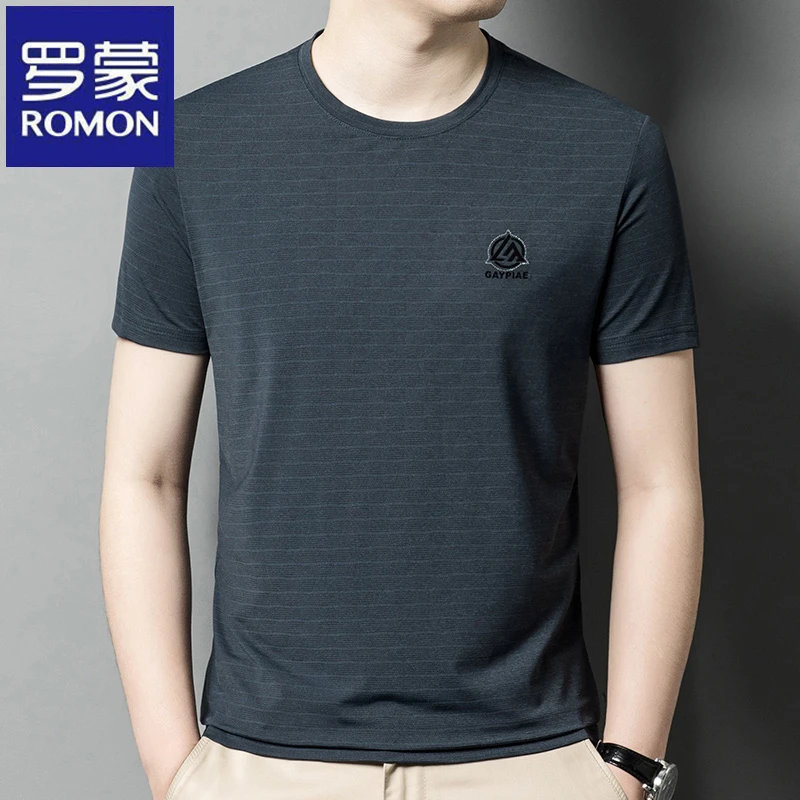 罗蒙新款冰丝短袖t恤男士无领速干中年爸爸夏装上衣服垂感体恤衫