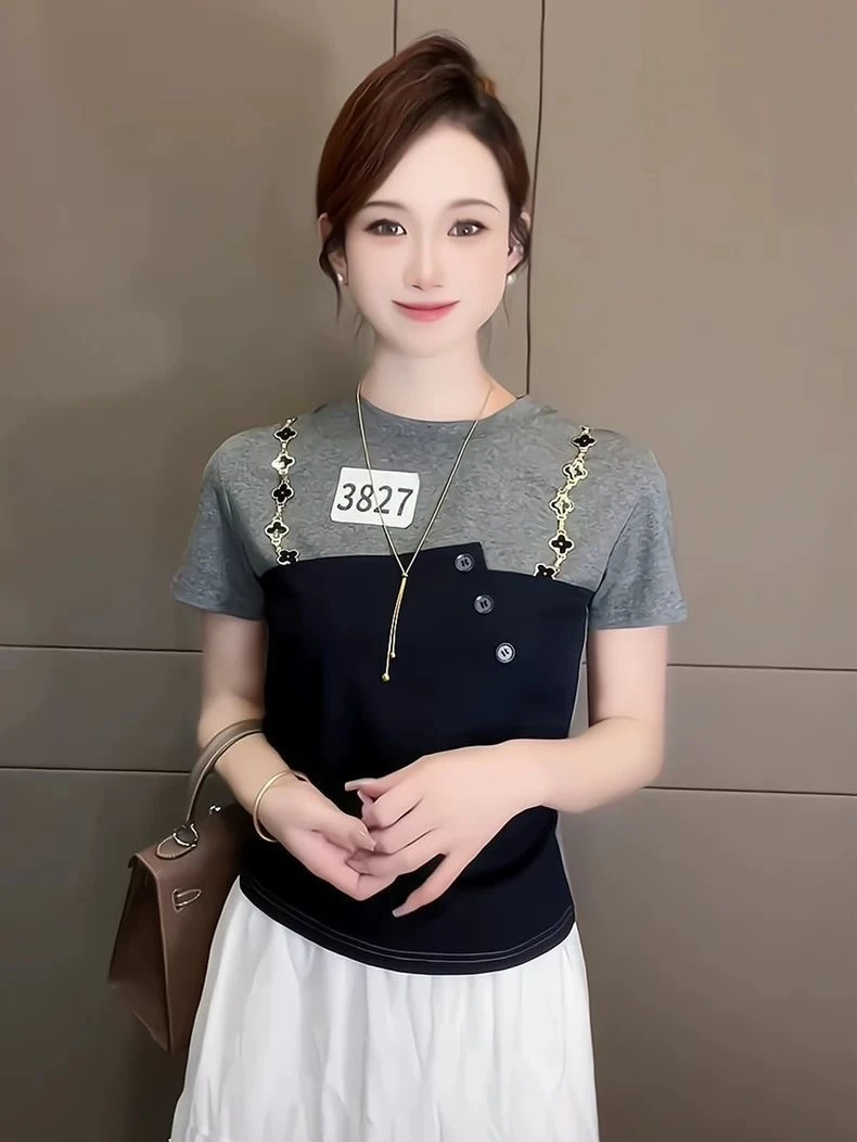 2025夏季新款拼接撞色假两件短袖上衣男女洋气时尚显瘦半袖T恤衫