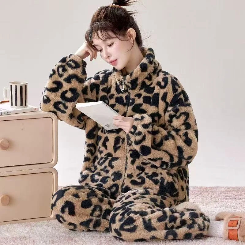 秋冬新款豹纹加绒加厚可外穿立领拉链女士家居服睡衣