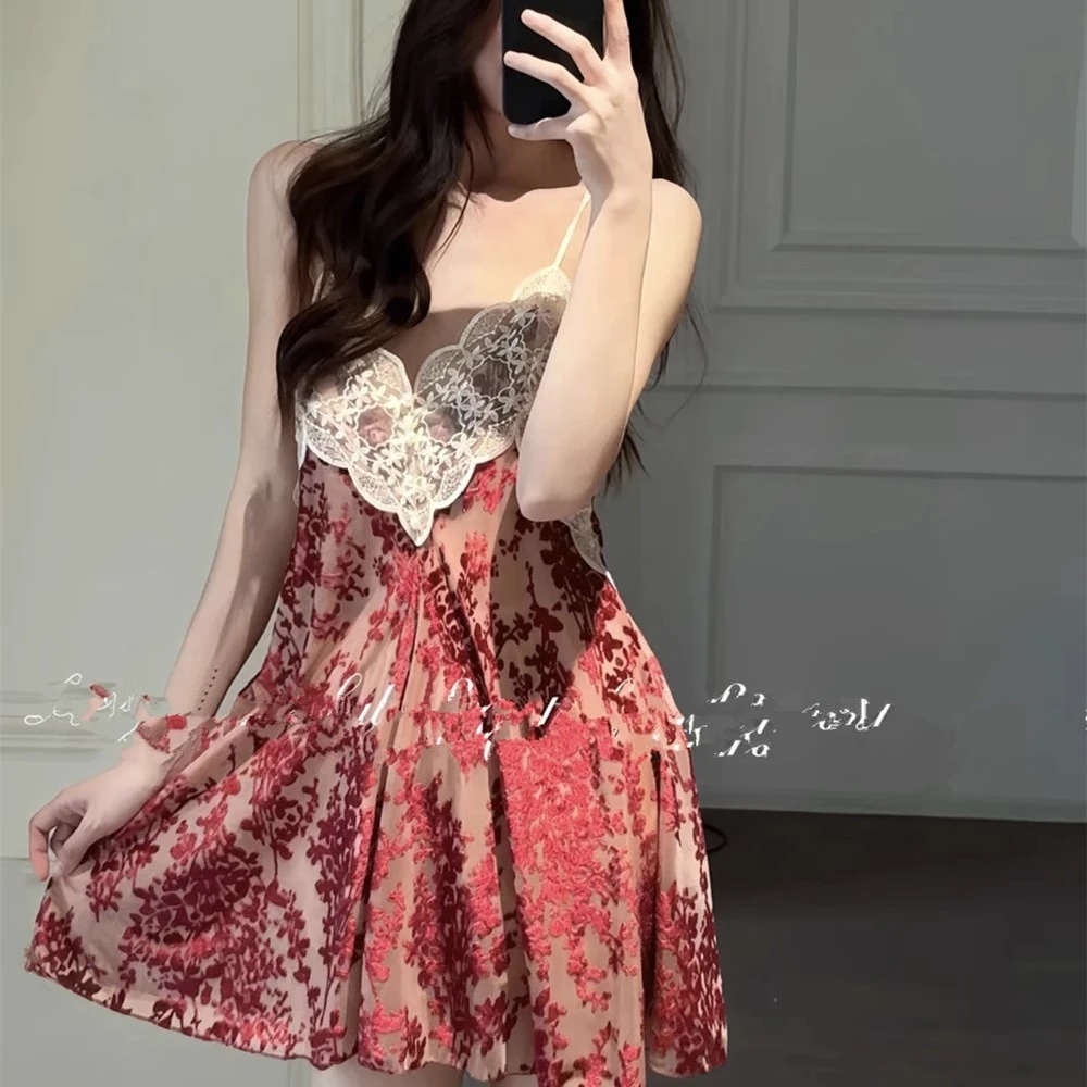 辣妹无袖吊带V领睡衣夏季蕾丝性感薄款带胸垫睡裙法式气质家居服