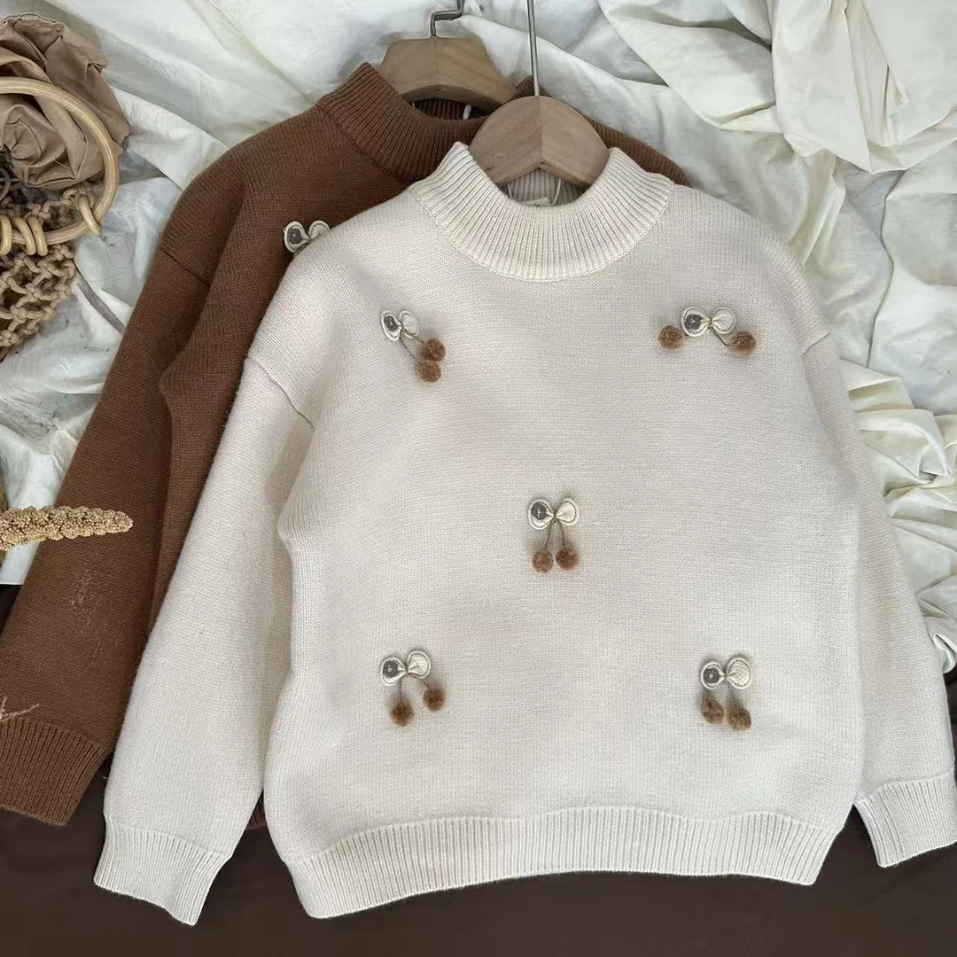 秋冬新款女童小球加绒蝴蝶结毛衣童装春秋休闲温柔百搭毛衣长袖